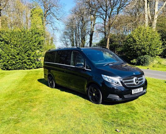 Black Mercedes van parked on a grassy lawn beside trees on a sunny day