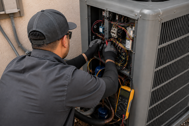 Technician inspecting an HVAC unit with tools and wiring exposed outdoors
