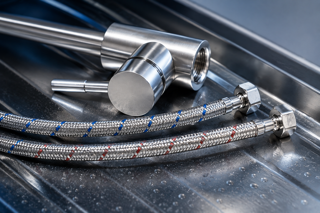 Braided metal hoses and polished industrial fittings on a dark surface