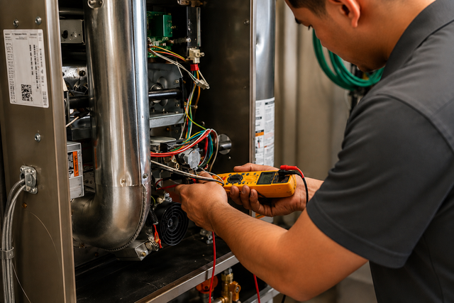 Technician using a yellow drill to repair wiring inside an open HVAC unit