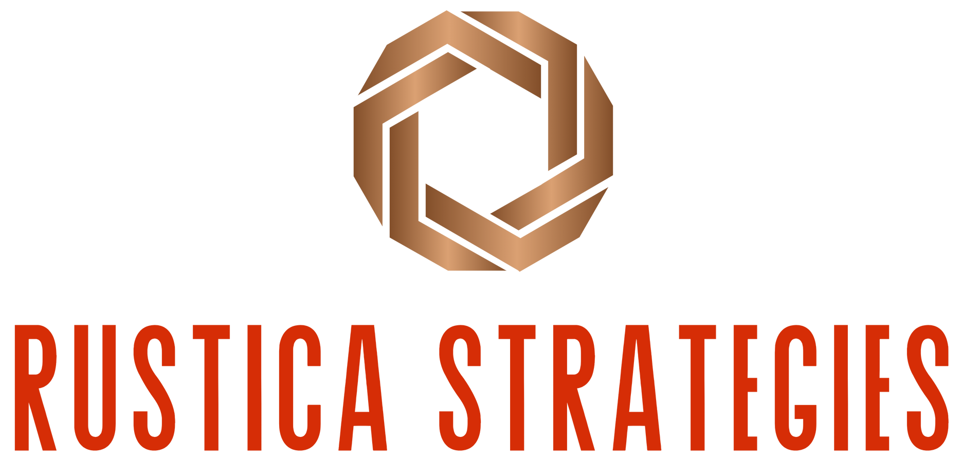 Rustica Strategies logo featuring an orange-brown geometric hexagon icon above the company name and 