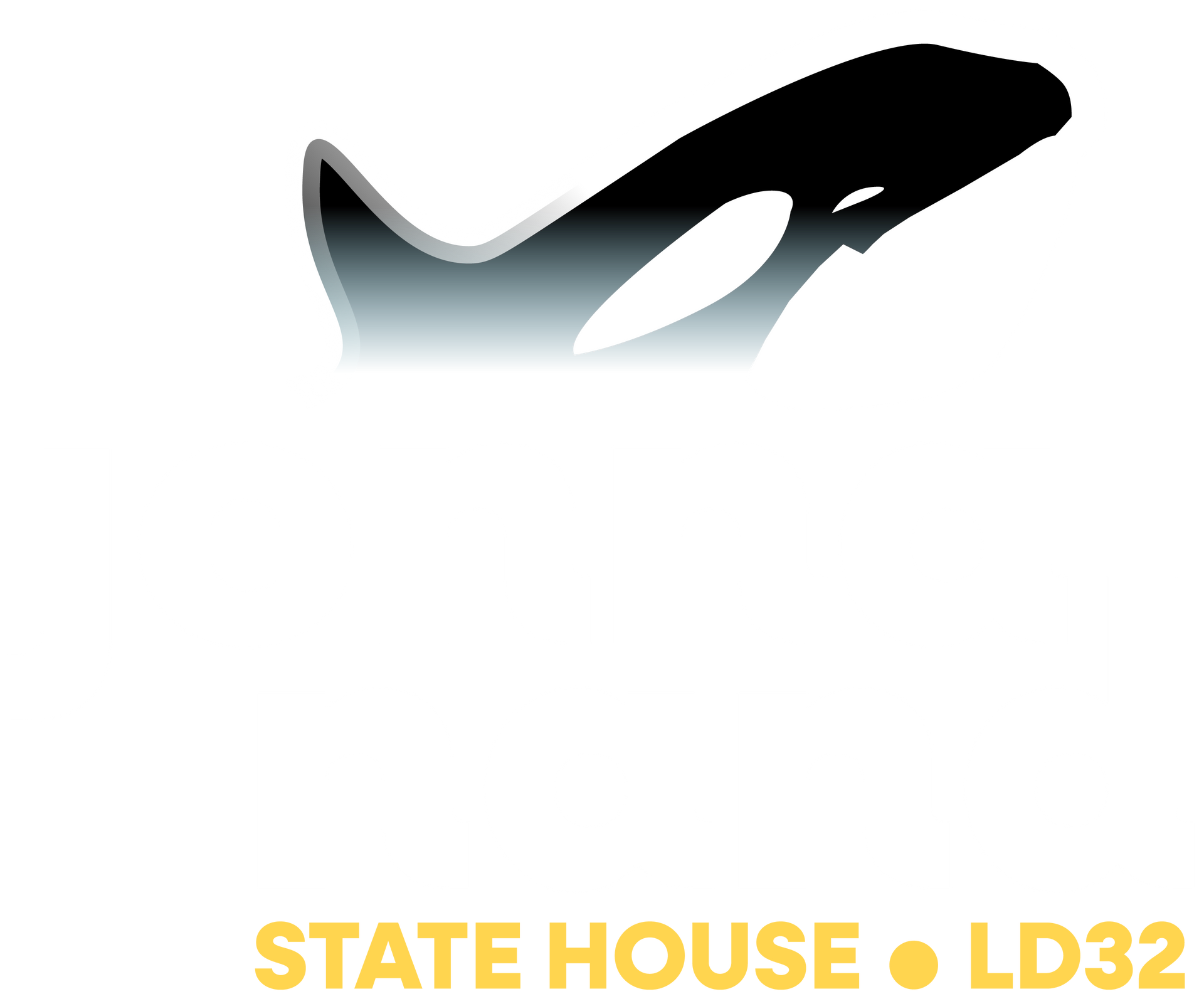 Black orca silhouette above yellow text “STATE HOUSE • LD32”