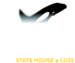Black orca silhouette above yellow text “STATE HOUSE • LD32”