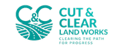 Logo for Cut & Clear Land Works. Turquoise "C&C" with road graphic, text: "Cut & Clear Land Works, Clearing the path for progress".