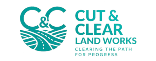 Logo for Cut & Clear Land Works. Turquoise "C&C" with road graphic, text: "Cut & Clear Land Works, Clearing the path for progress".