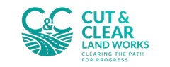 Logo for Cut & Clear Land Works. Turquoise "C&C" with road graphic, text: "Cut & Clear Land Works, Clearing the path for progress".