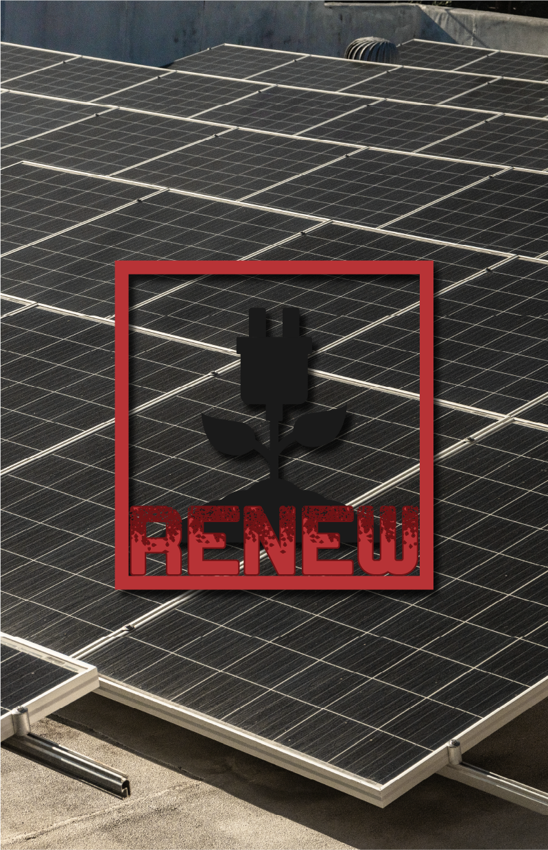 the word renew that is on a picture of solar panals for SBM earthmoving and construction