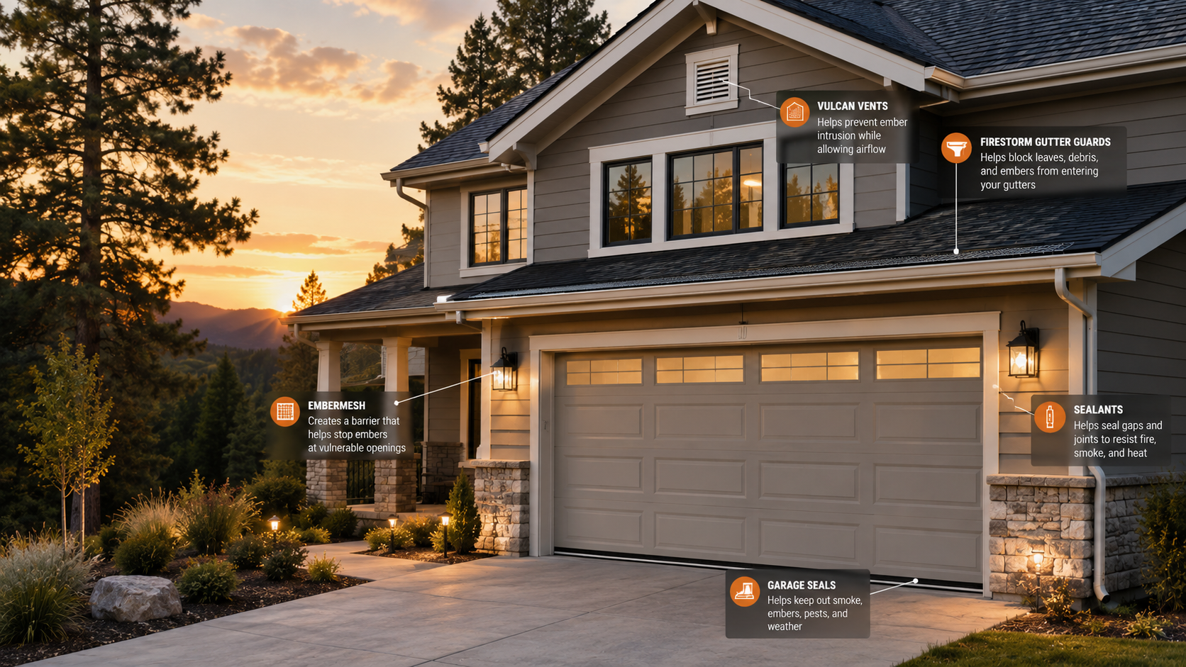Roofer in red hard hat and orange vest rappels down a gray shingled roof beside green trees.