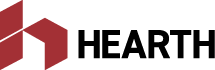 HEARTH logo with red geometric mark and black wordmark