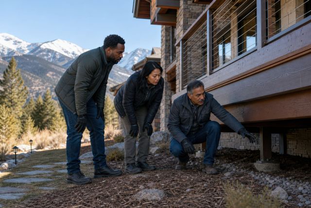 Three people inspect a house foundation beside a mountain cabin in a snowy setting.
