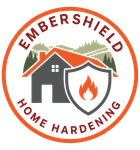Embershield Home Hardening logo with house, shield, and flame in orange, gray, and green