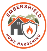 Embershield Home Hardening logo with house, shield, and flame in orange, gray, and green