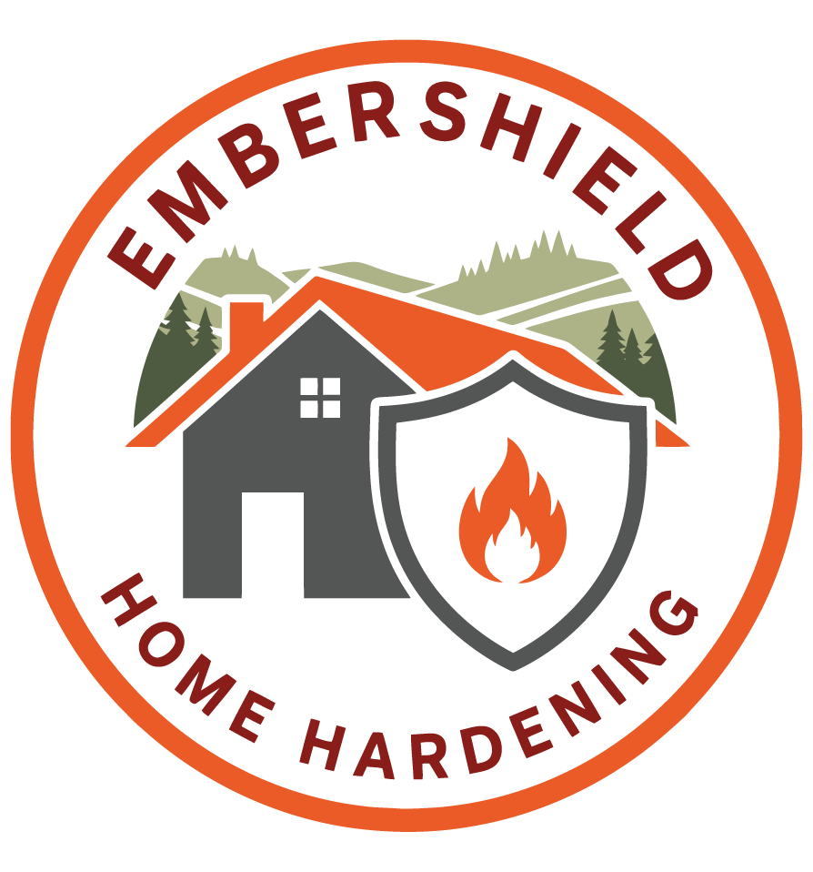 Embershield Home Hardening logo with house, shield, and flame in orange, gray, and green