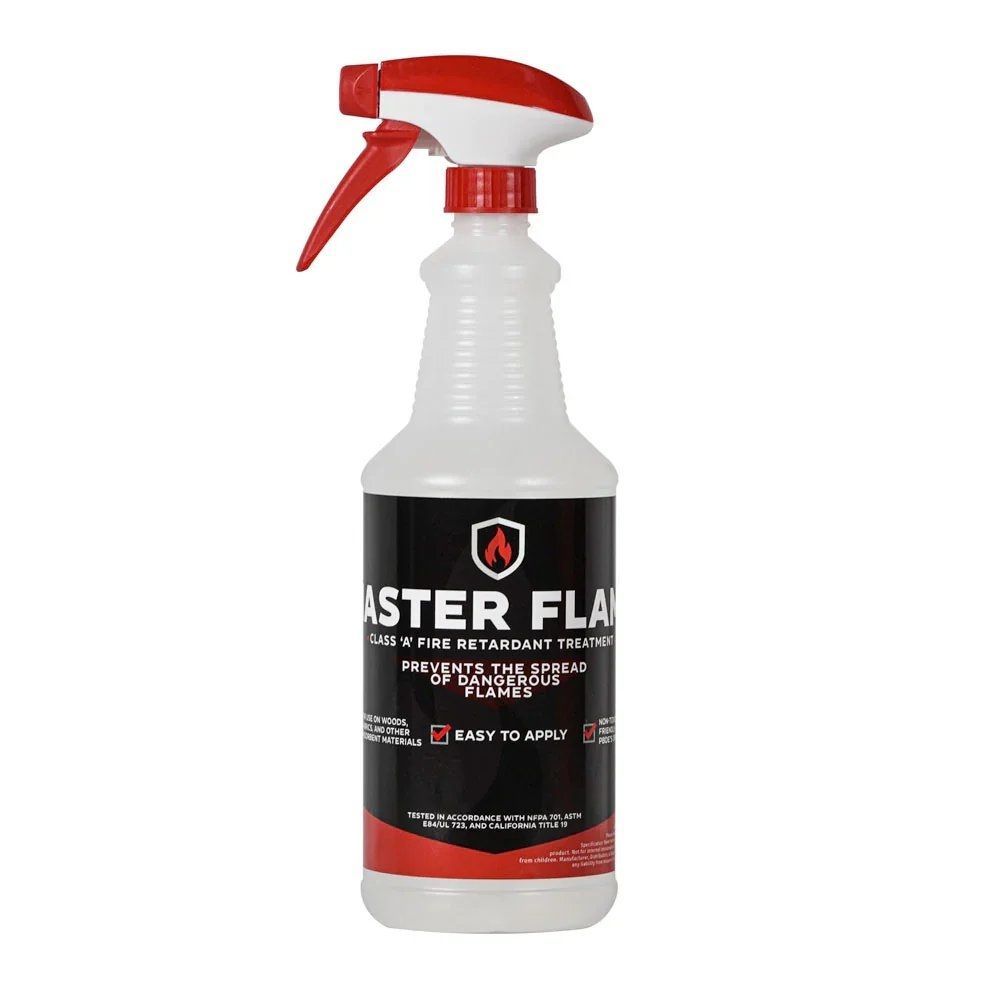 Red spray bottle of Master Flame cleaner with white label on a plain background