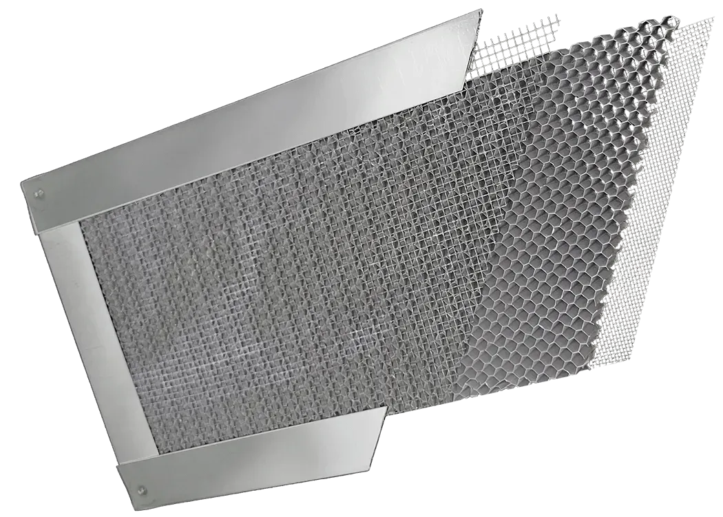 Metal mesh air filter panel with a gray frame, viewed at an angle
