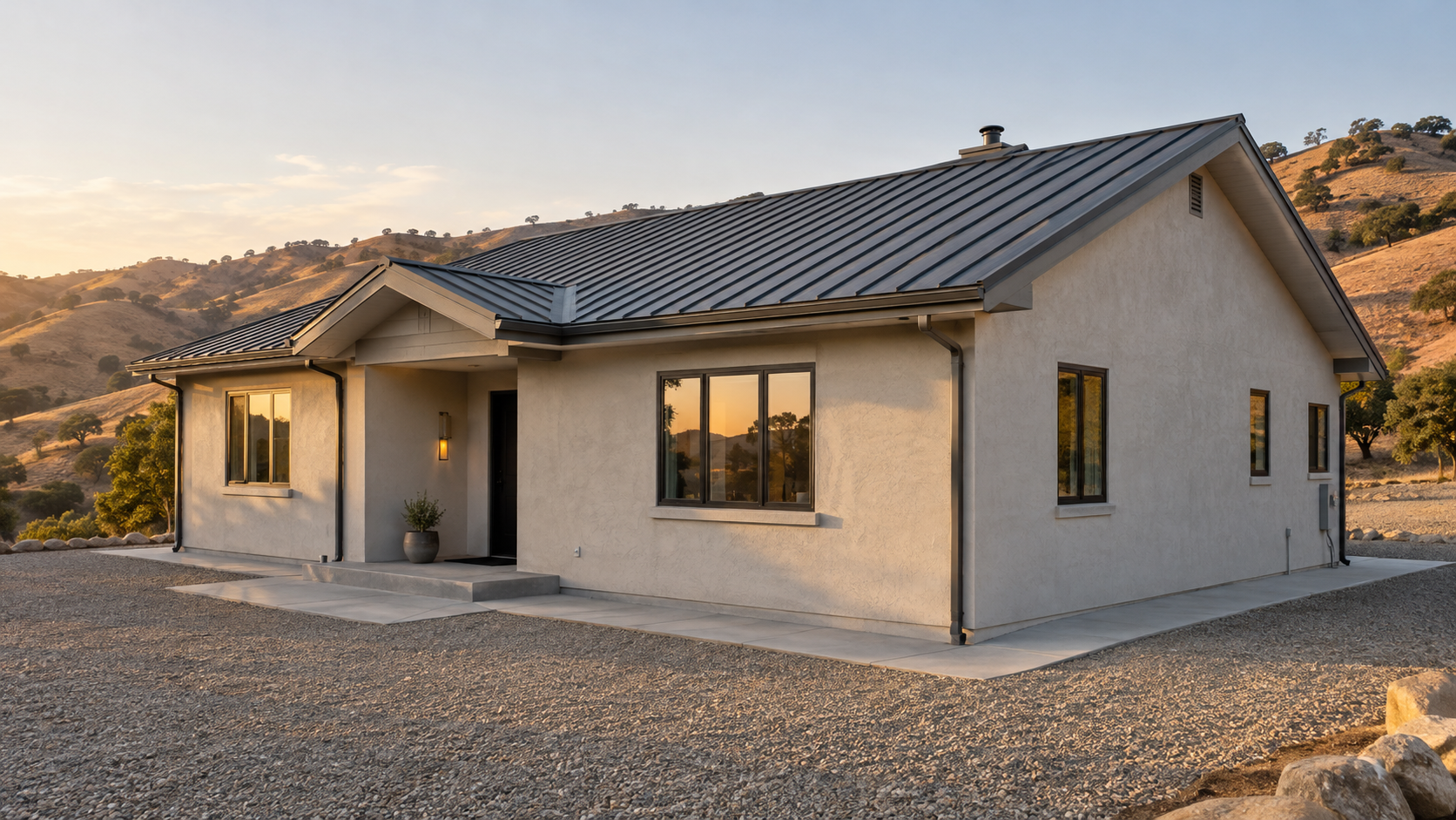 Illustration of a California foothills home with stucco walls, a metal roof, and a clear gravel perimeter.