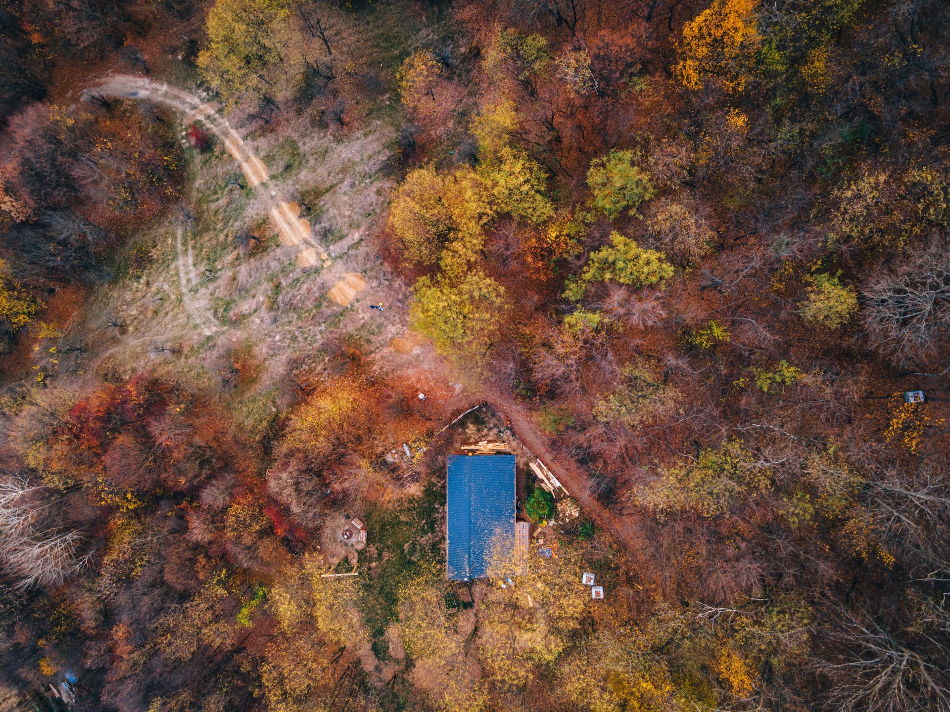 Aerial view of a small blue-roofed cabin surrounded by colorful autumn trees and winding dirt paths.