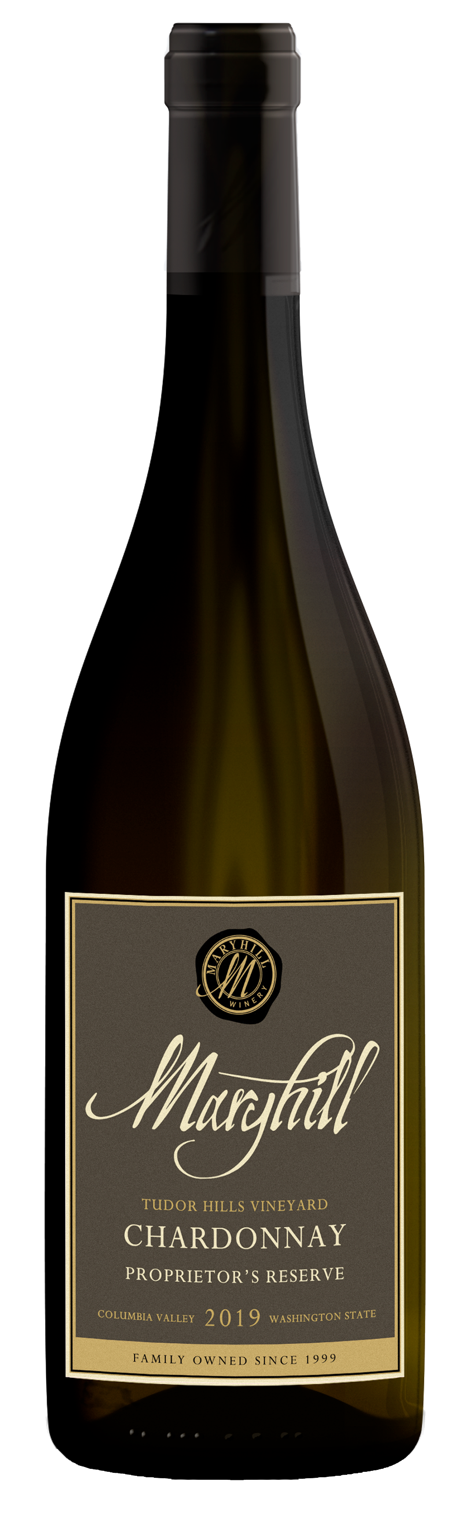 A bottle of white wine with a black cap on a white background.