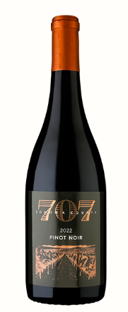 A bottle of 707 pinot noir wine on a white background.