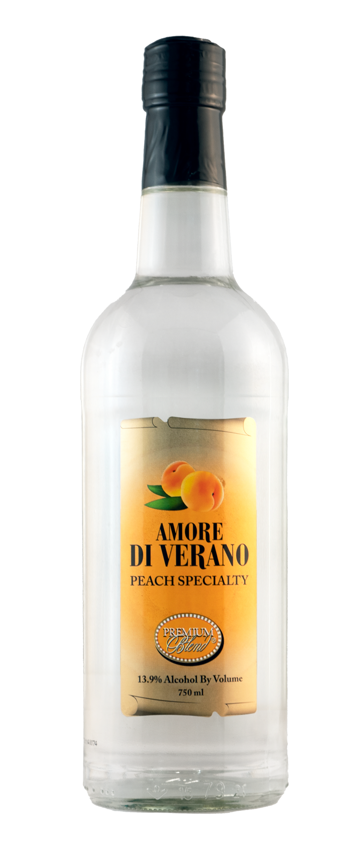A bottle of amore di verano peach brandy on a white background.