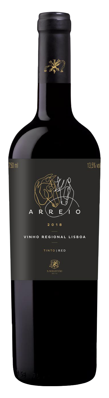 A bottle of red wine with a black label