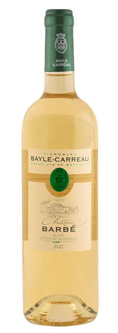 A bottle of white wine with a green cap