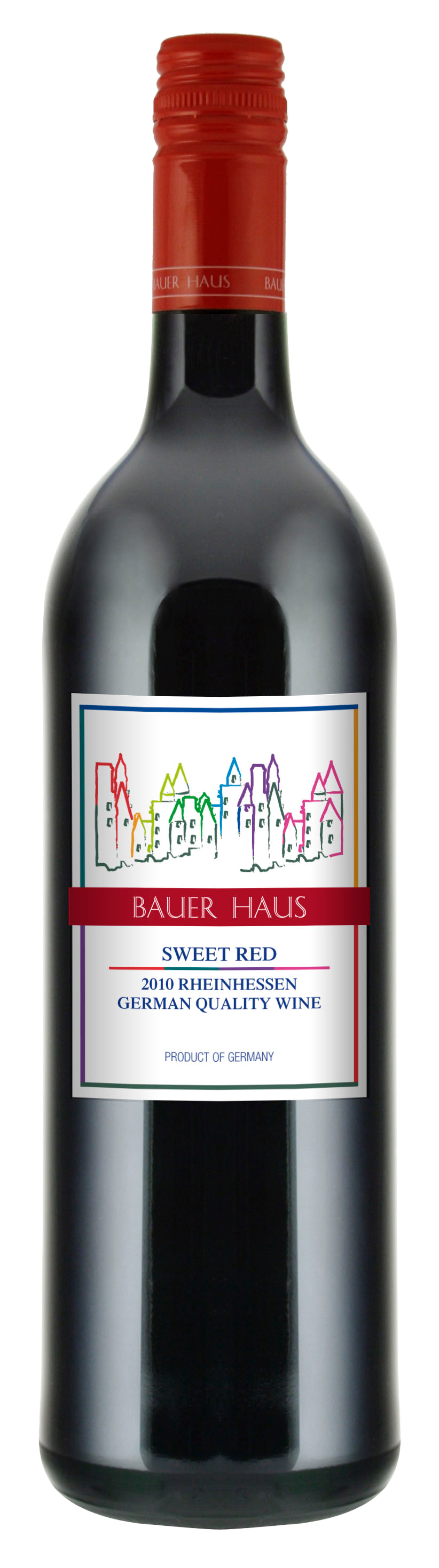 A bottle of red wine with a white label and a red cap.