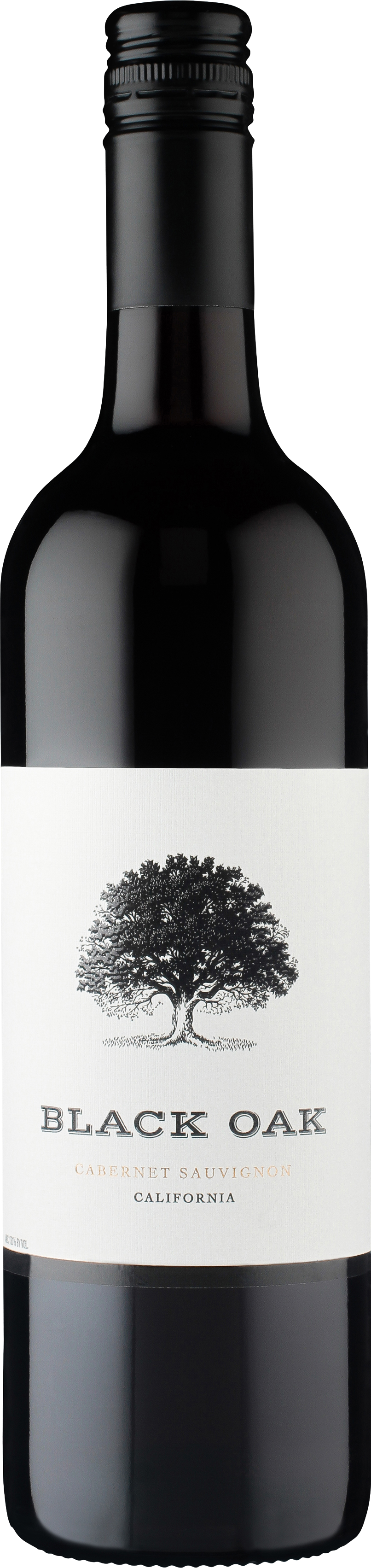 A bottle of black oak wine with a white label on a white background.