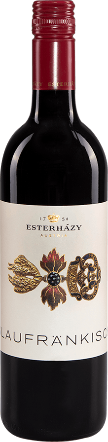 A bottle of red wine with a white label and a red cap.