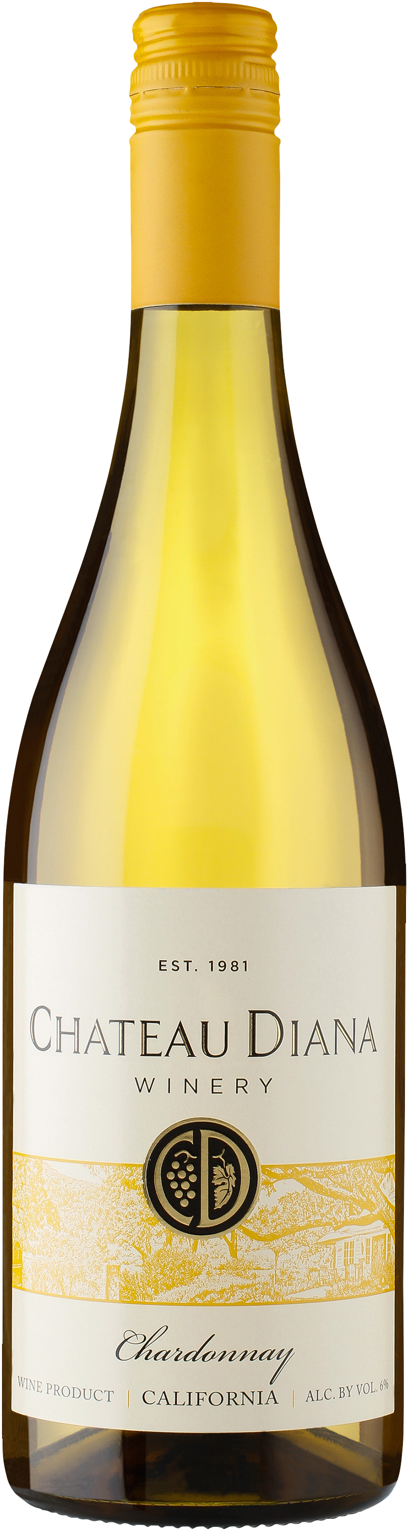 A bottle of white wine with a yellow cap on a white background.
