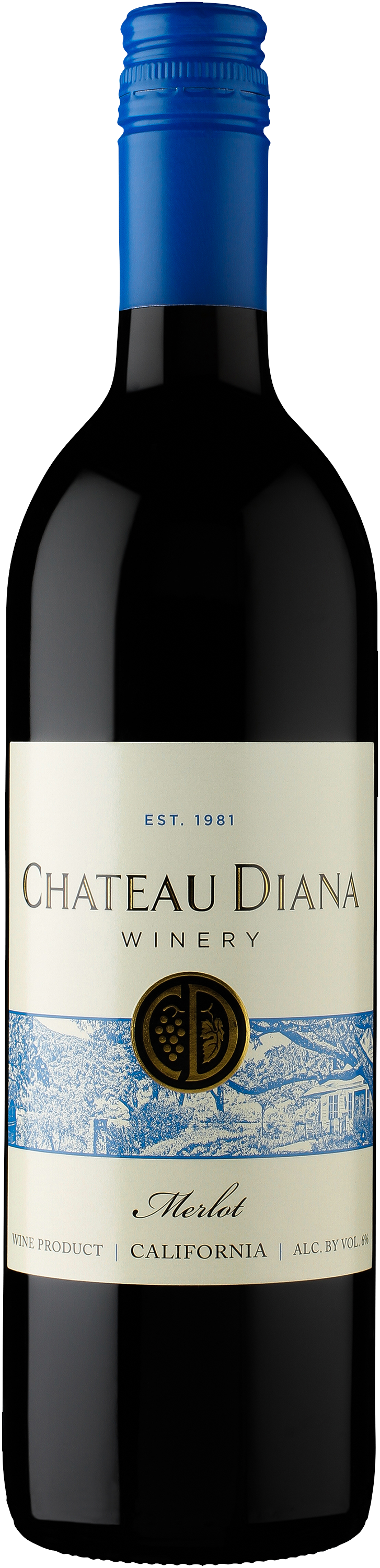 A bottle of chateau diana red wine with a blue cap.