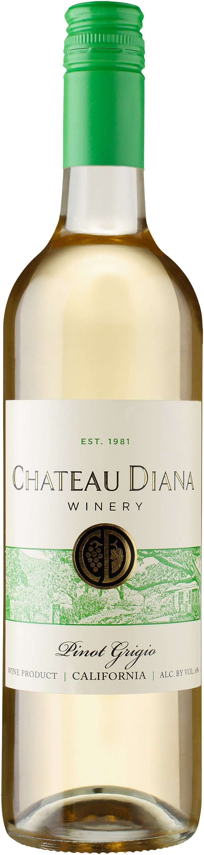 A bottle of white wine with a green cap on a white background.