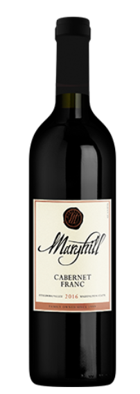A bottle of cabernet franc wine with a white label