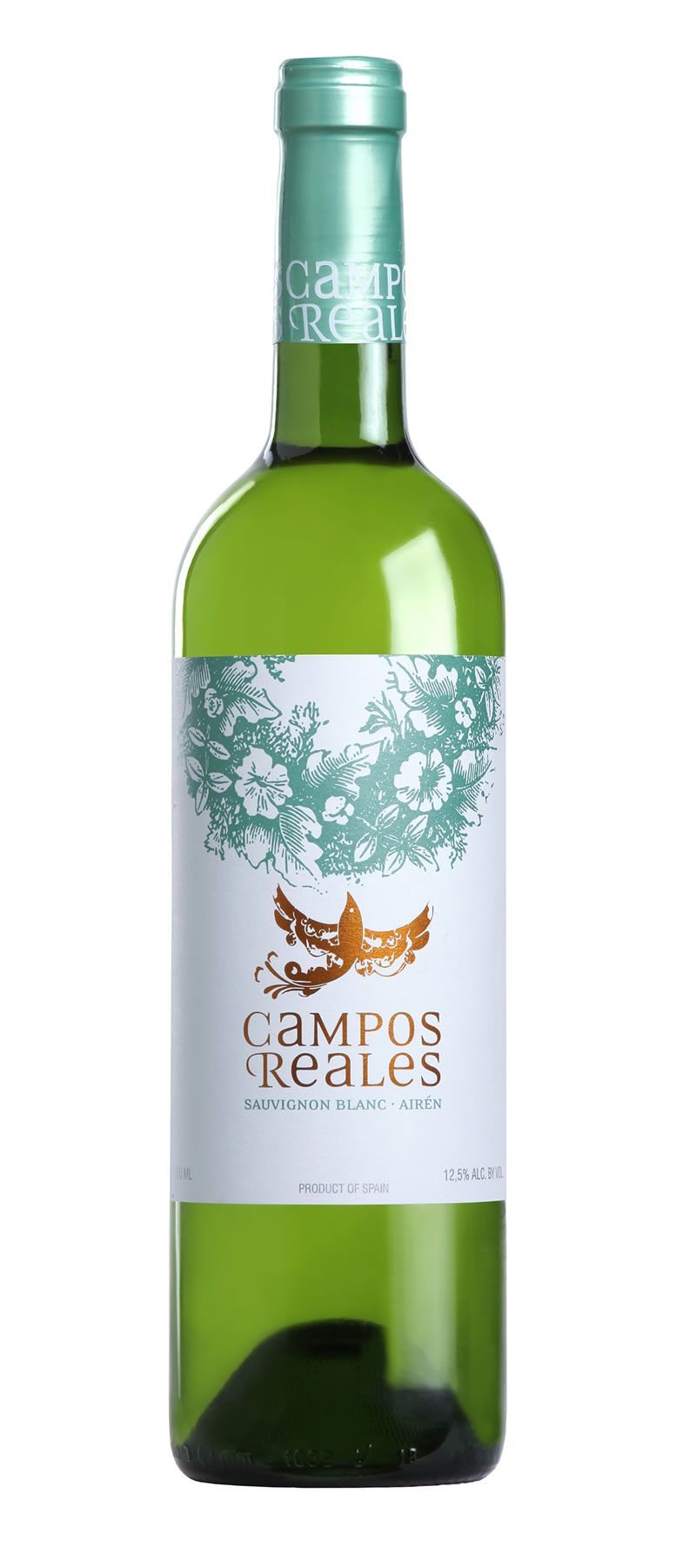 A bottle of campos reales white wine with a tree on the label