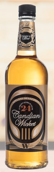 A bottle of canadian whisky is sitting on a table