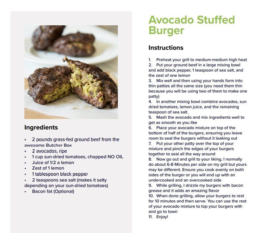 A recipe for an avocado stuffed burger with ingredients and instructions