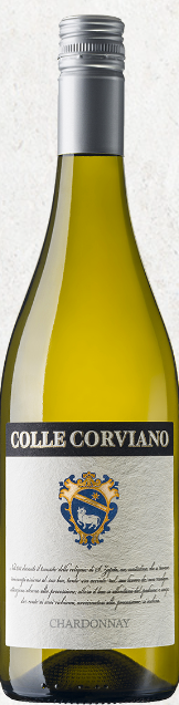A bottle of colle corviamo chardonnay wine with a silver cap