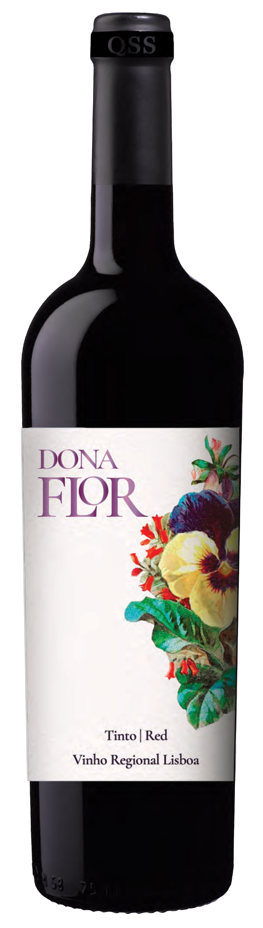 A bottle of wine with a white label and flowers on it.