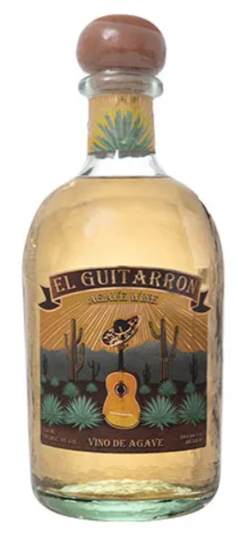A bottle of el guitarron tequila with a guitar on the label