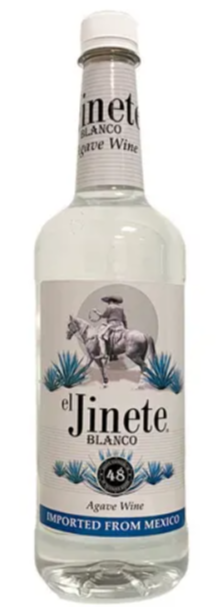 A bottle of jinete blanco agave wine with a man on a horse on the label