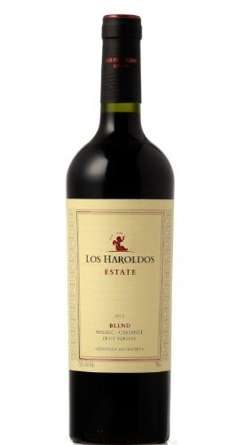 A bottle of red wine with a yellow label on a white background.