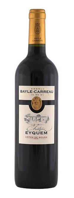 A bottle of red wine with a gold cap on a white background.