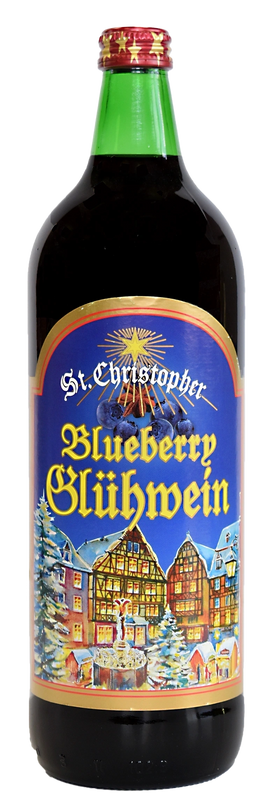 A bottle of blueberry glühwein is on a white background.