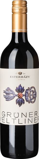 A bottle of wine with a white label and a gold cap.