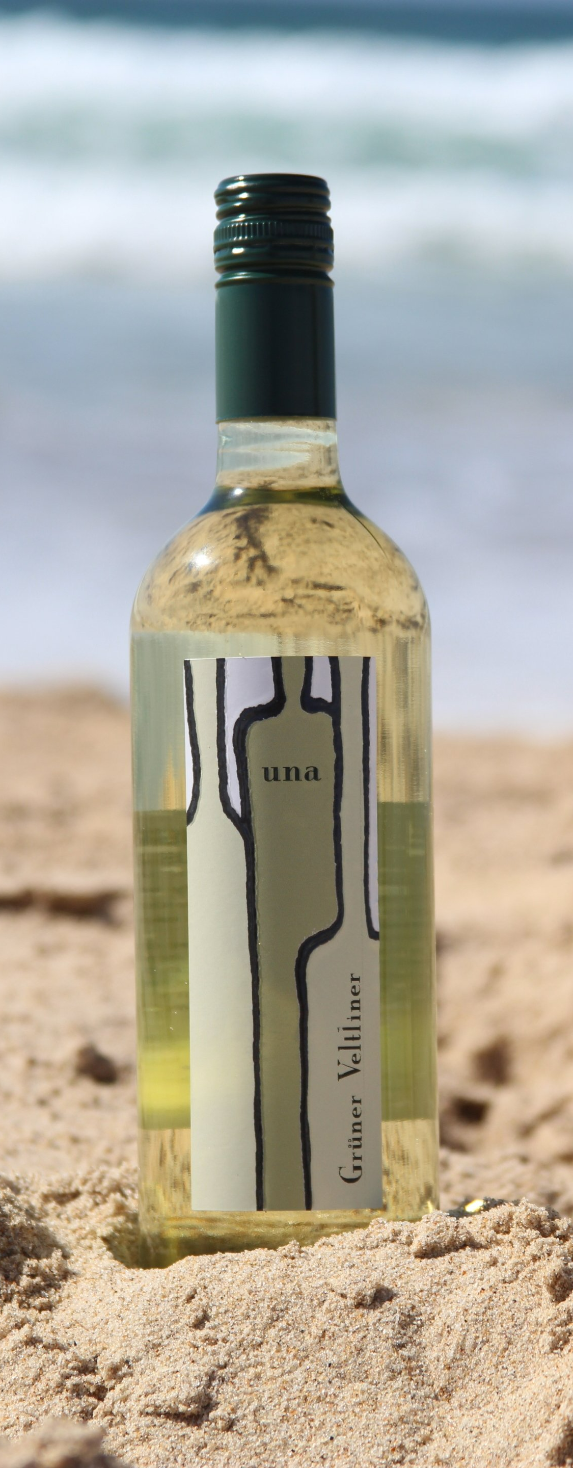 A bottle of wine is sitting in the sand on the beach