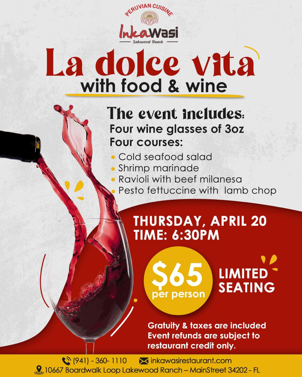 An advertisement for la dolce vita with food and wine