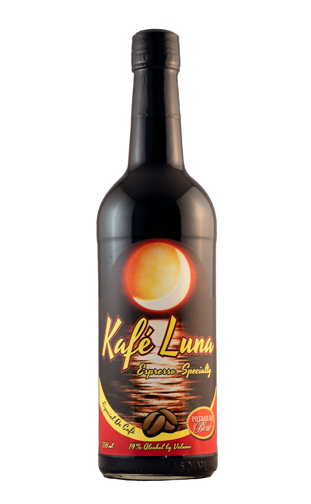 A bottle of cafe luna coffee liqueur on a white background.