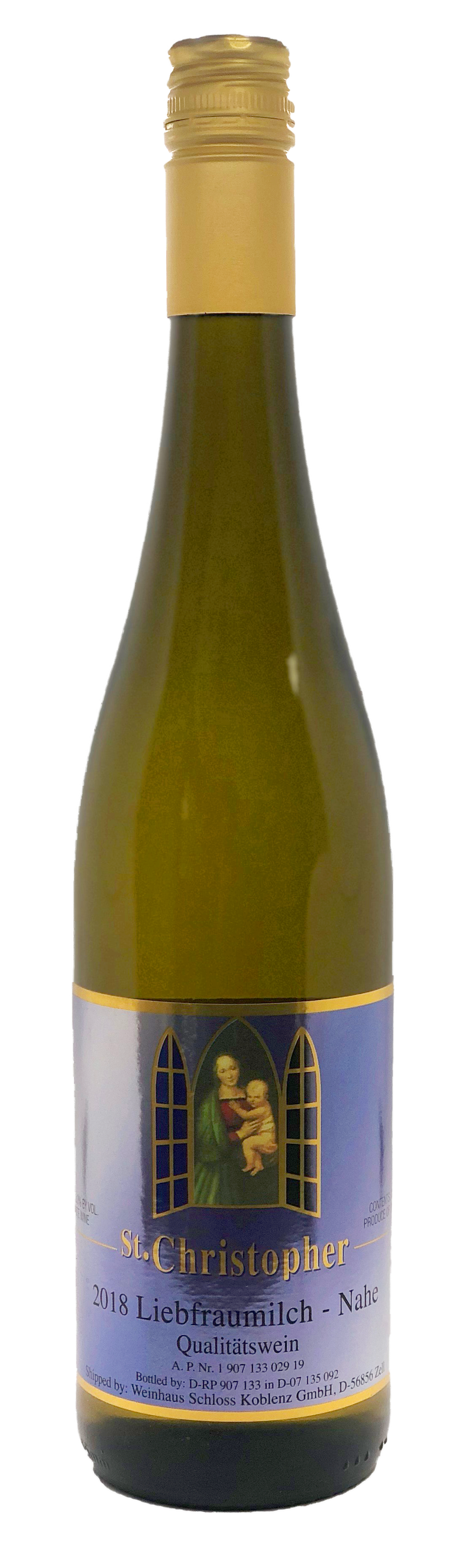 A bottle of white wine with a blue label on a white background.