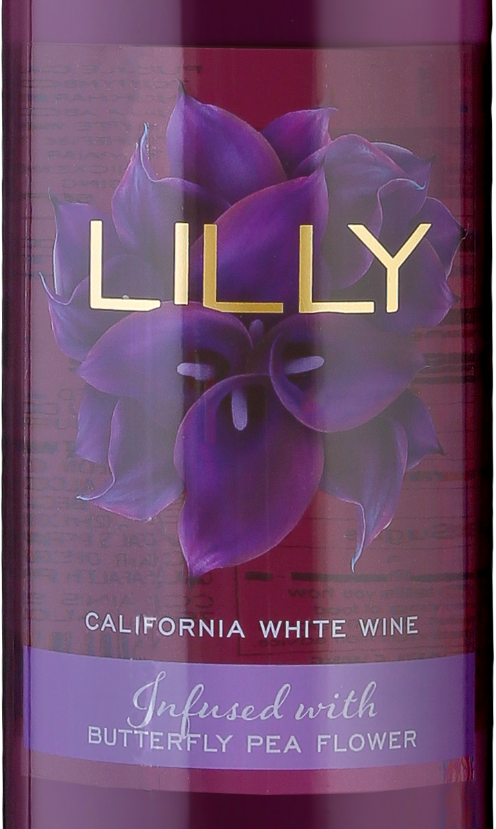 A bottle of lilly california white wine infused with butterfly pea flower