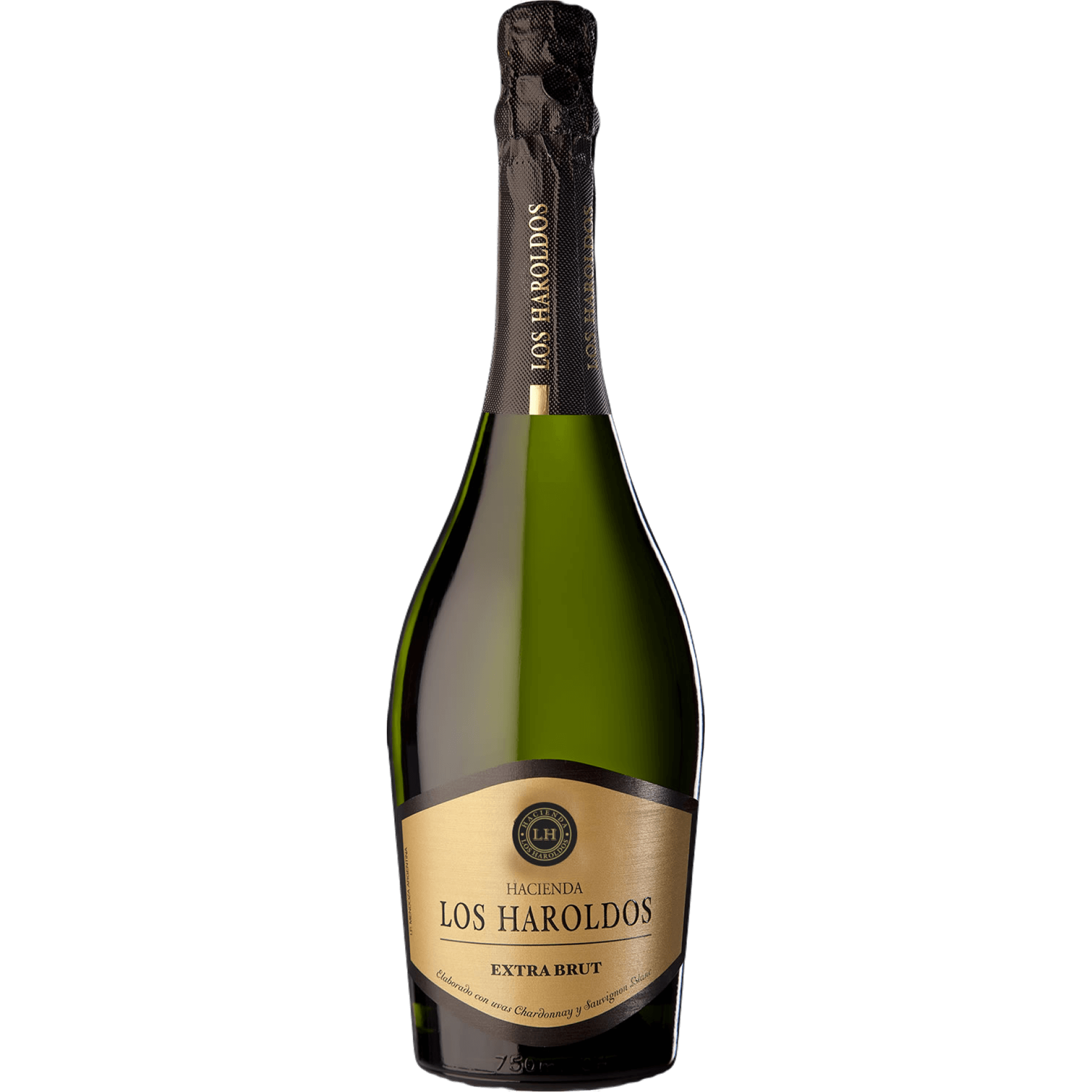 A bottle of los haroldos extra dry champagne on a white background